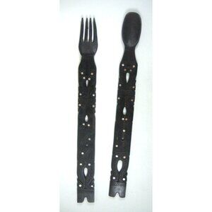Carved Wooden Fork Spoon Salad Serving Set Tribal Home Kitchen Decor Inlay